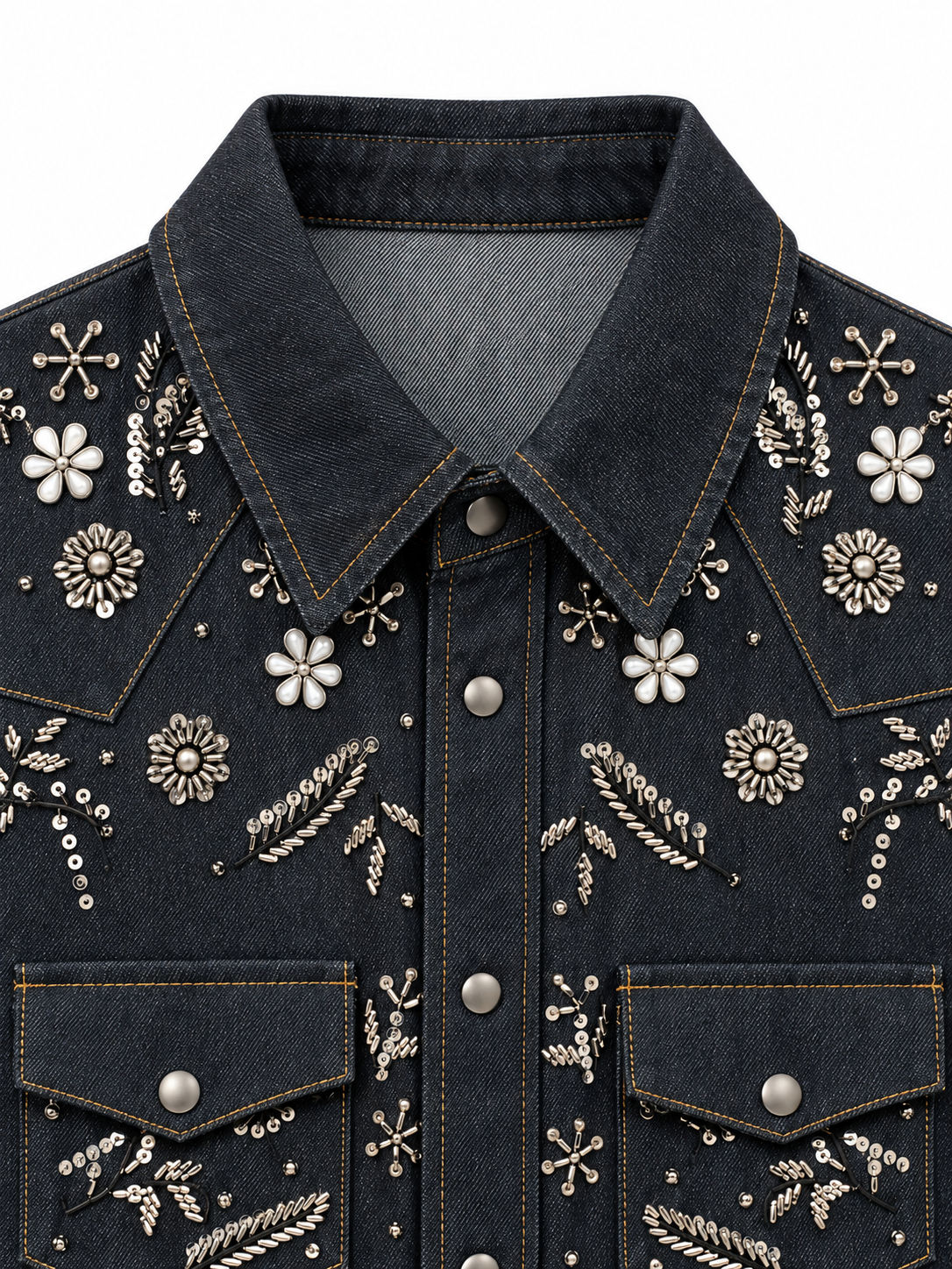 Camicia in denim con applicazioni floreali — colletto