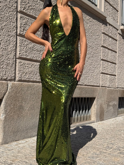 Abito lungo verde con paillettes