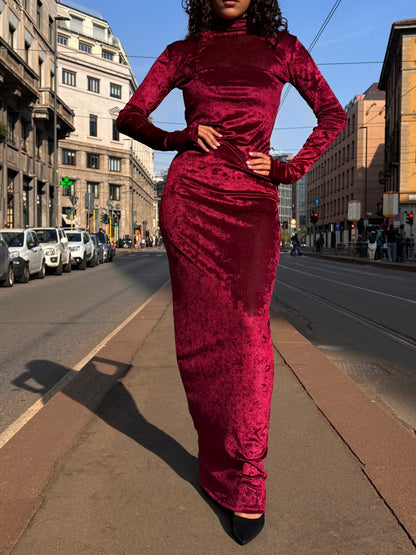 Abito lungo bordeaux in velluto con body