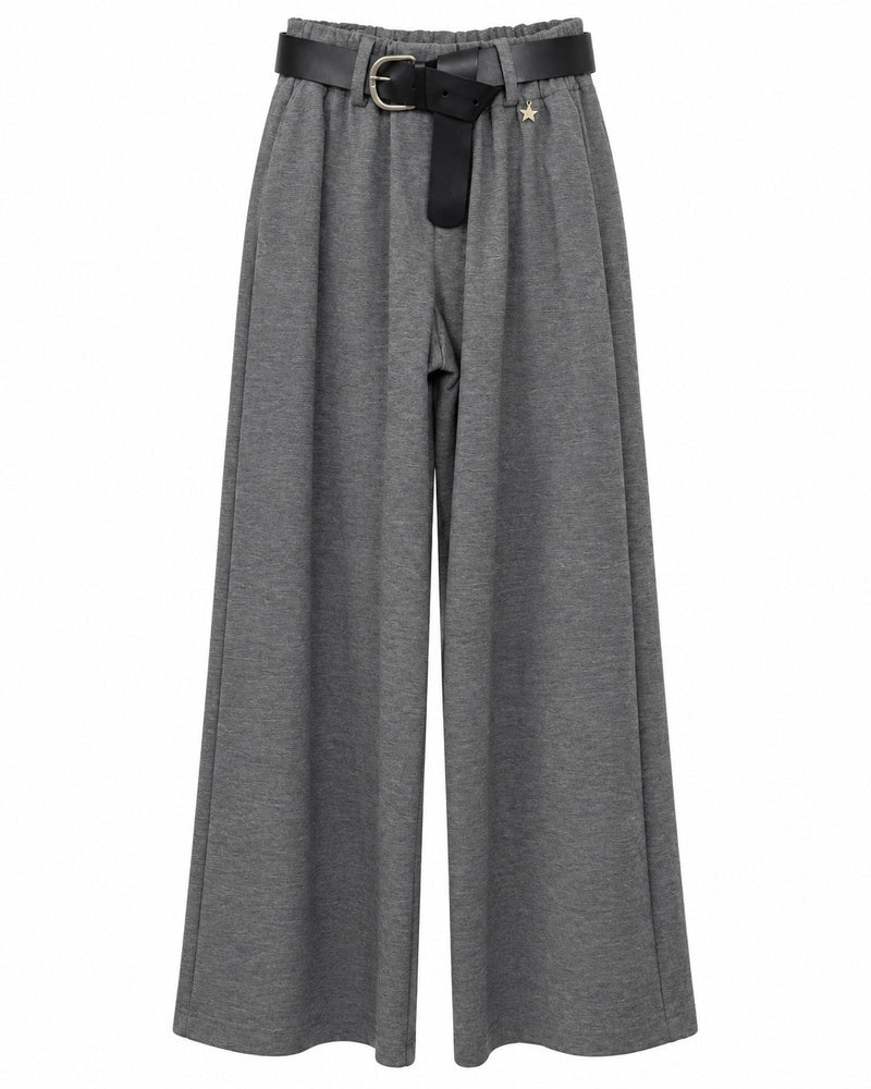Pantaloni grigi wide leg con cintura nera