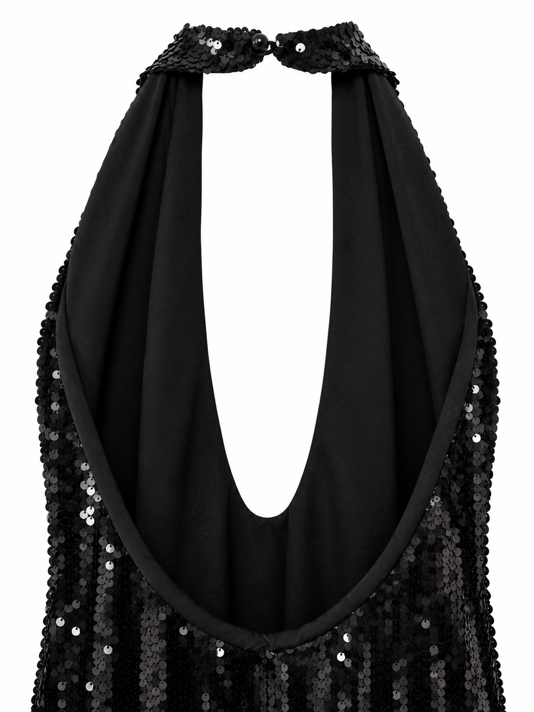 Abito lungo nero in paillettes - Dettaglio della chiusura al collo