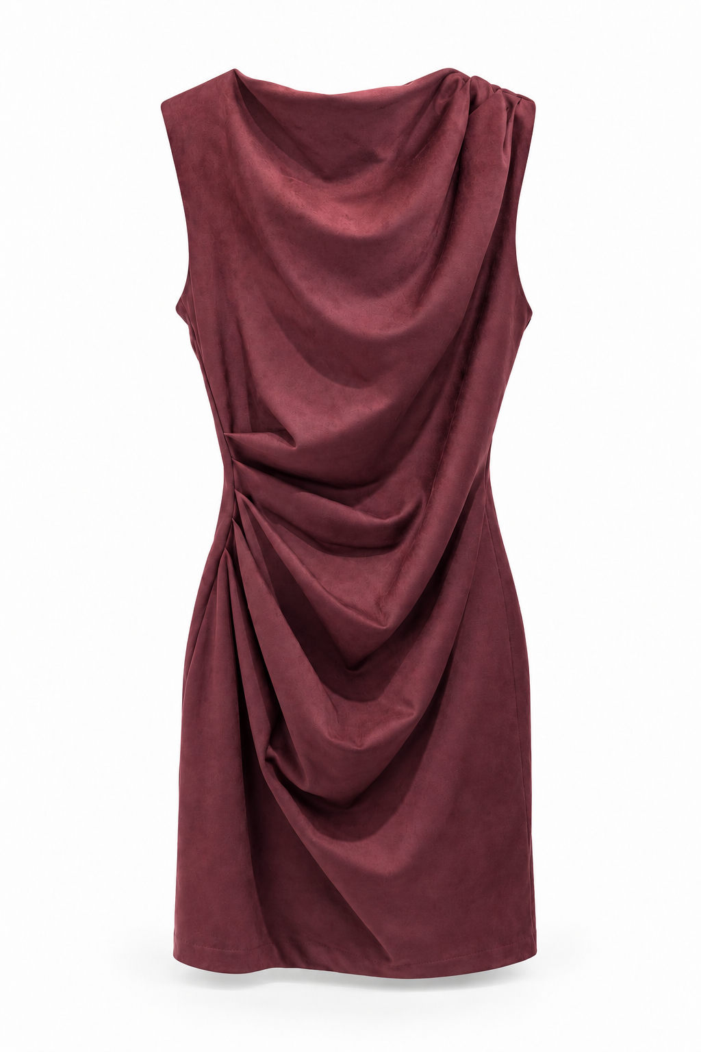 Abito mini bordeaux drappeggiato effetto camoscio - Fronte