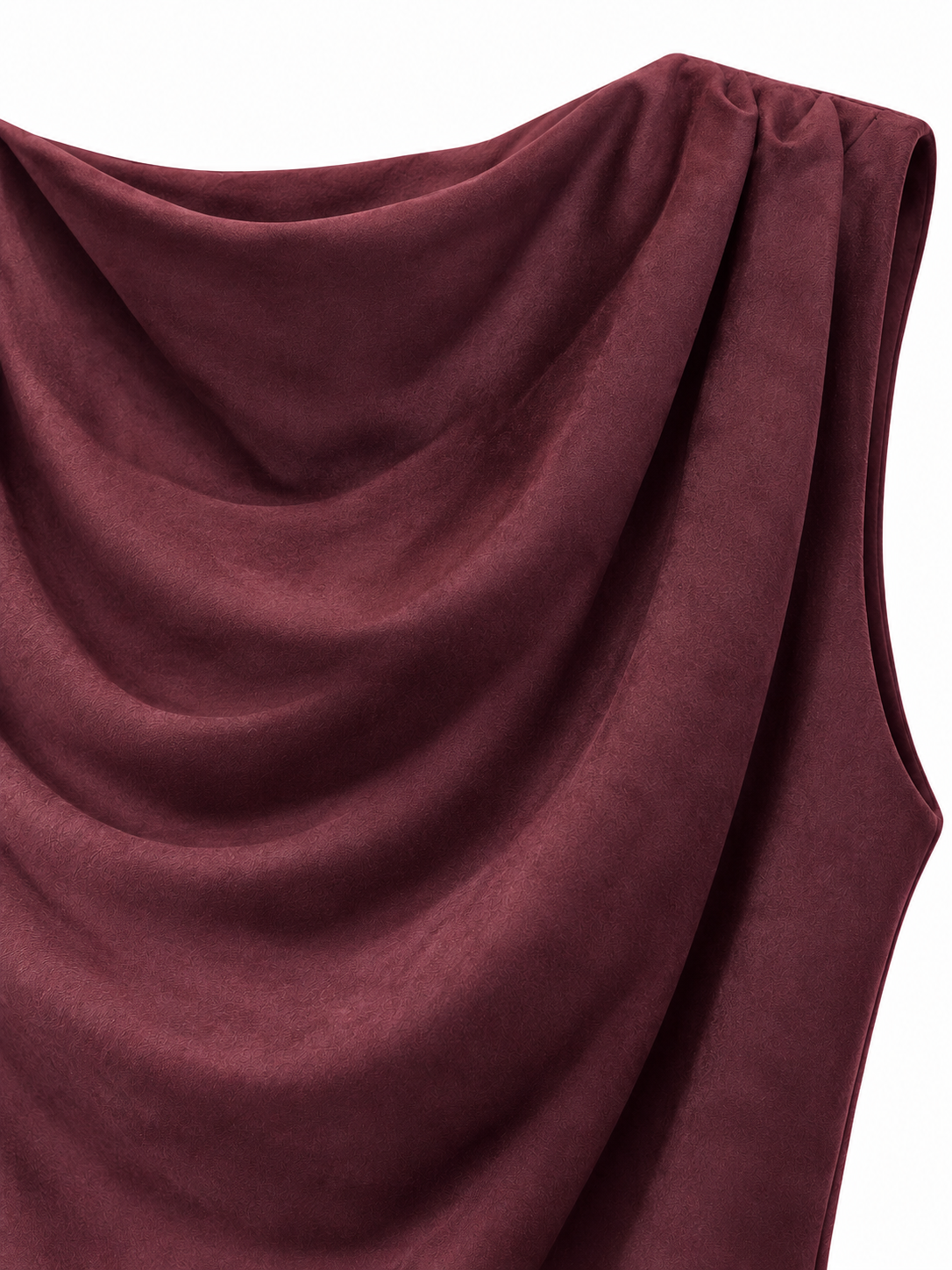 Abito mini bordeaux drappeggiato effetto camoscio - Dettaglio scollo drappeggiato