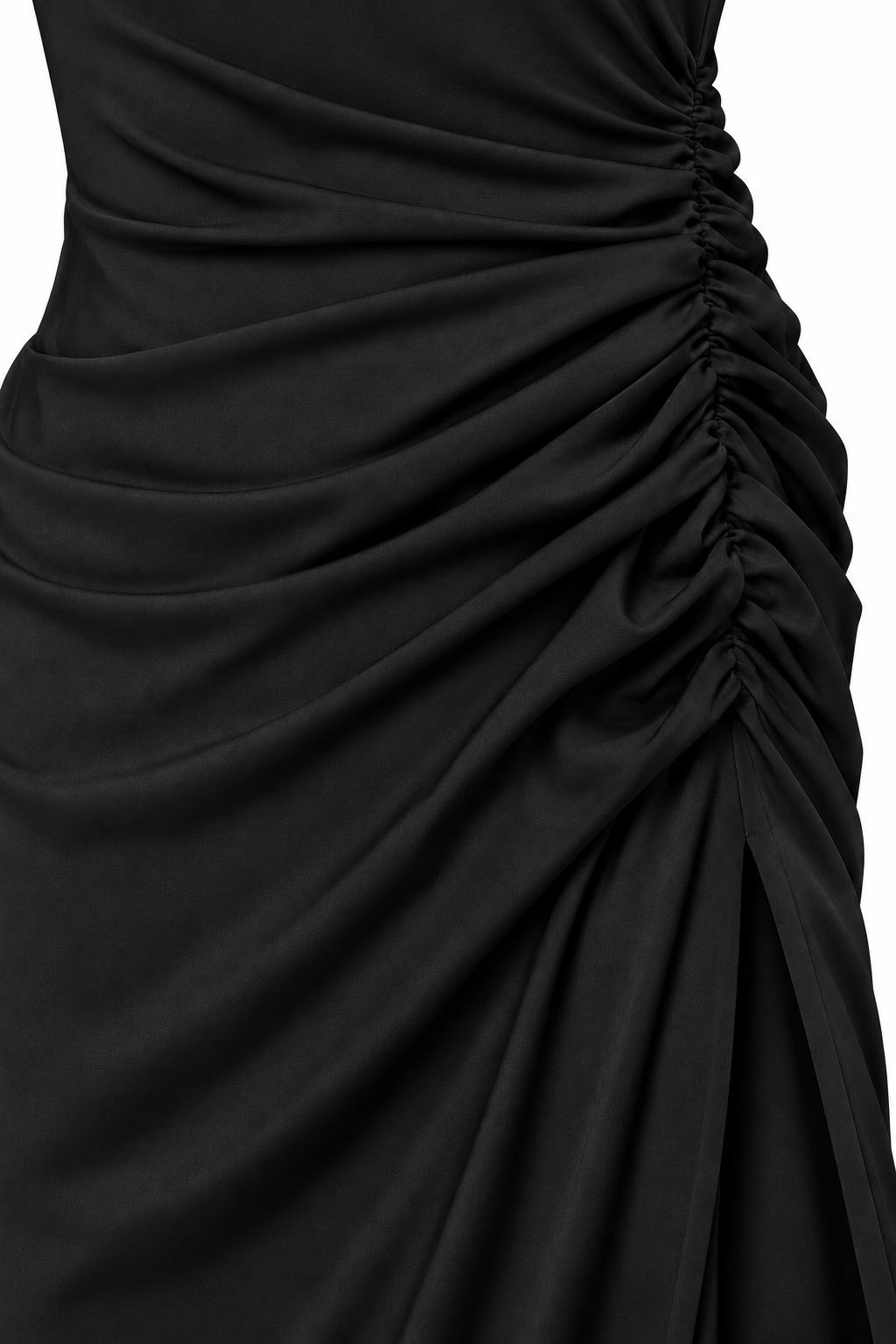 Abito lungo nero drappeggiato con schiena scoperta - arriccio-spacco