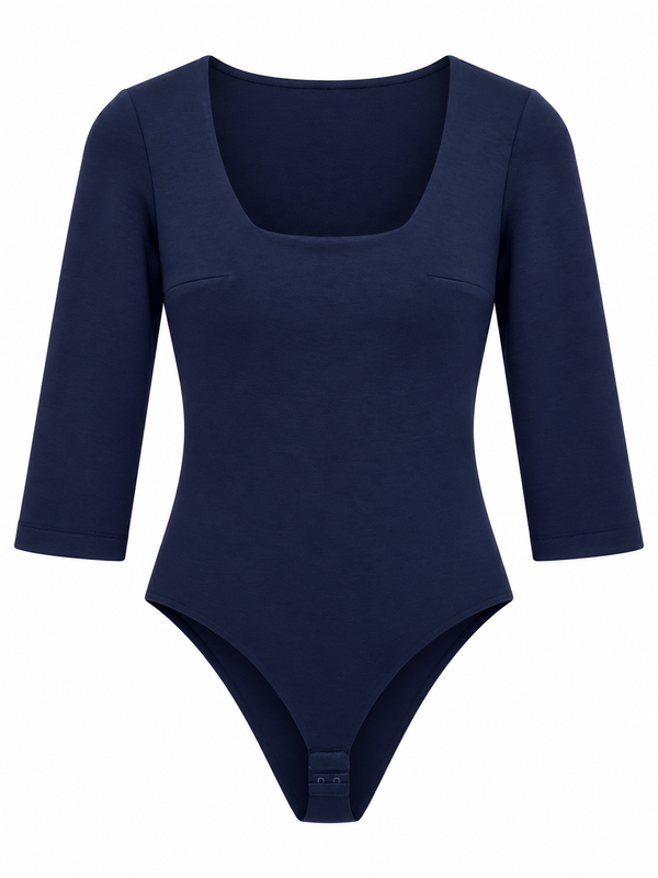 Body blu con scollo squadrato e maniche a tre quarti