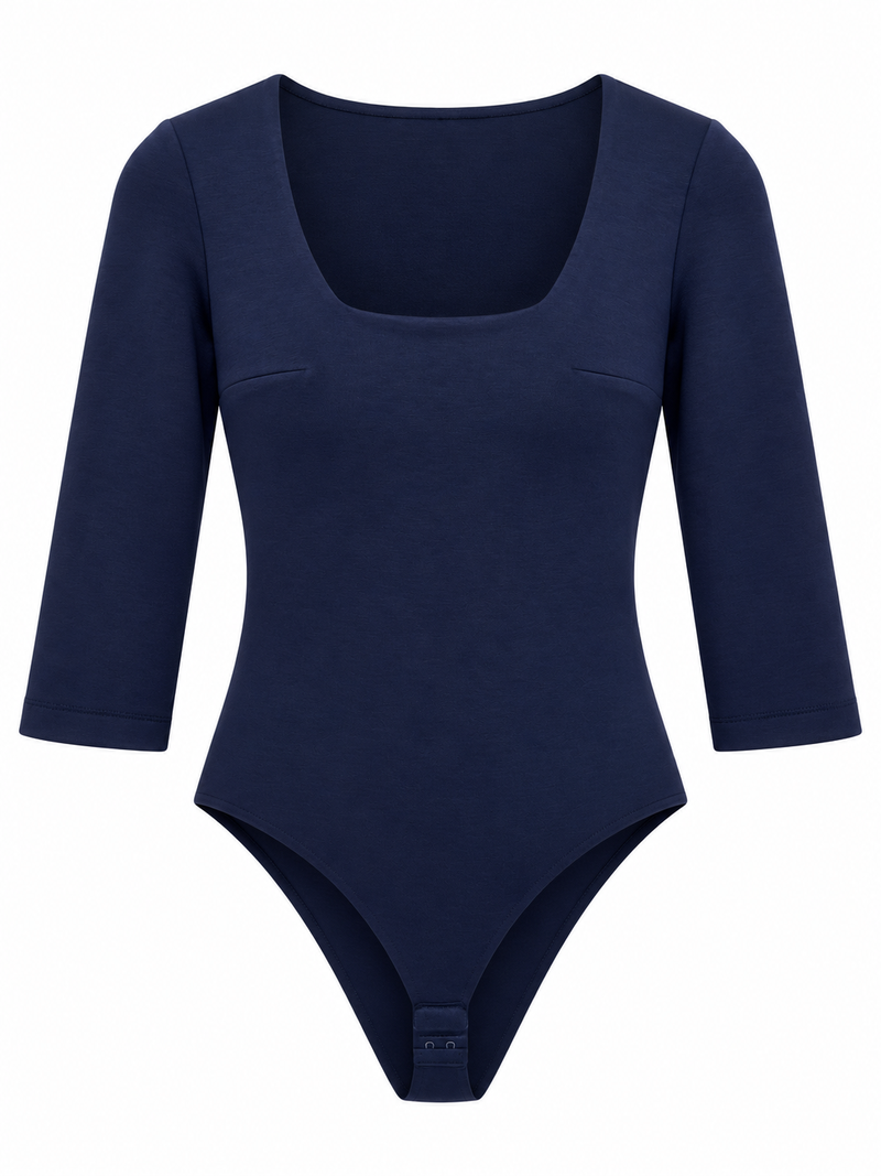 Body blu con scollo squadrato e maniche a tre quarti