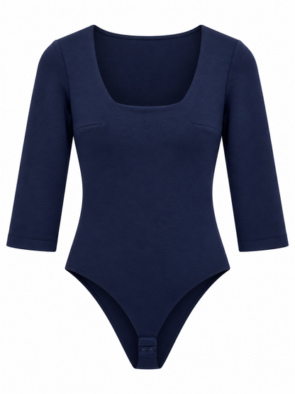 Body blu con scollo squadrato e maniche a tre quarti - fronte