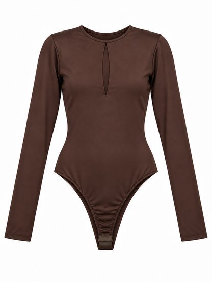 Body marrone lucido con scollo a goccia - fronte