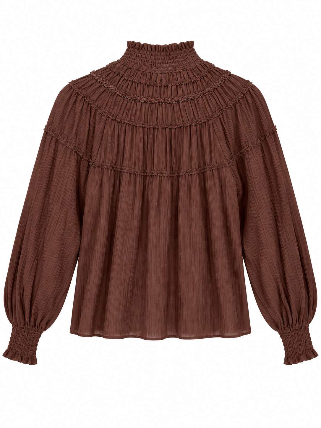 Camicia marrone cioccolato con collo arricciato, fronte senza bottoni