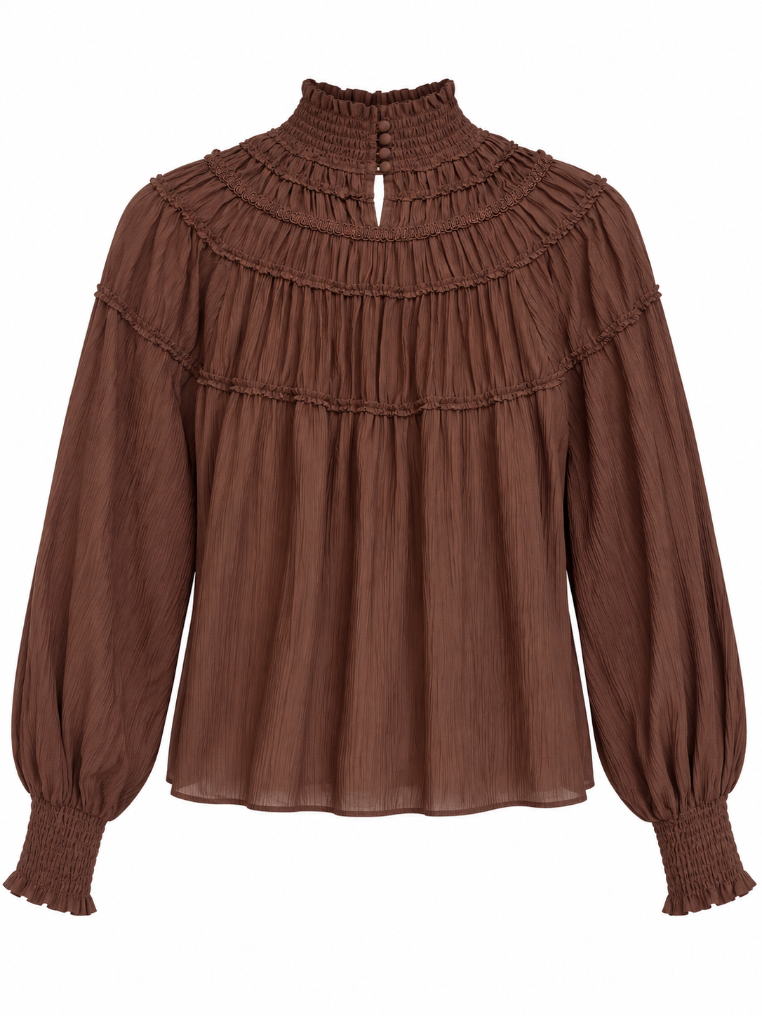 Camicia marrone cioccolato, retro con bottoni rivestiti e piccola apertura