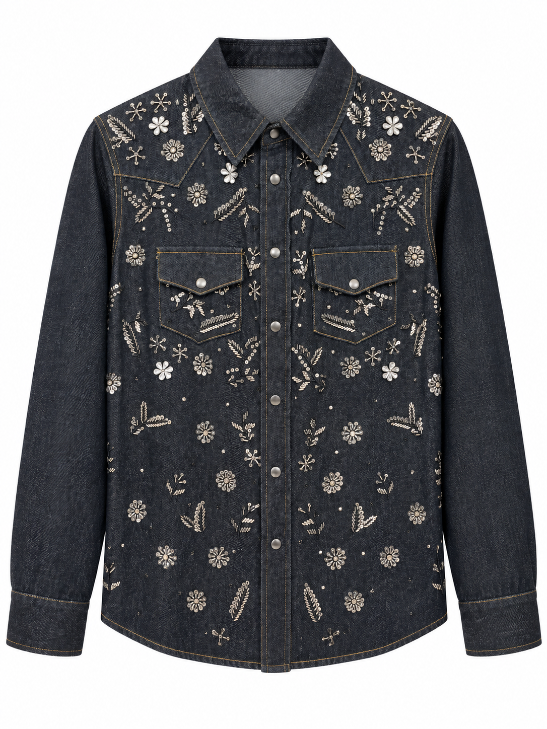 Camicia in denim con applicazioni floreali — fronte