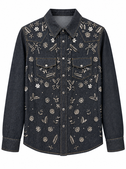 Camicia in denim con applicazioni floreali — fronte