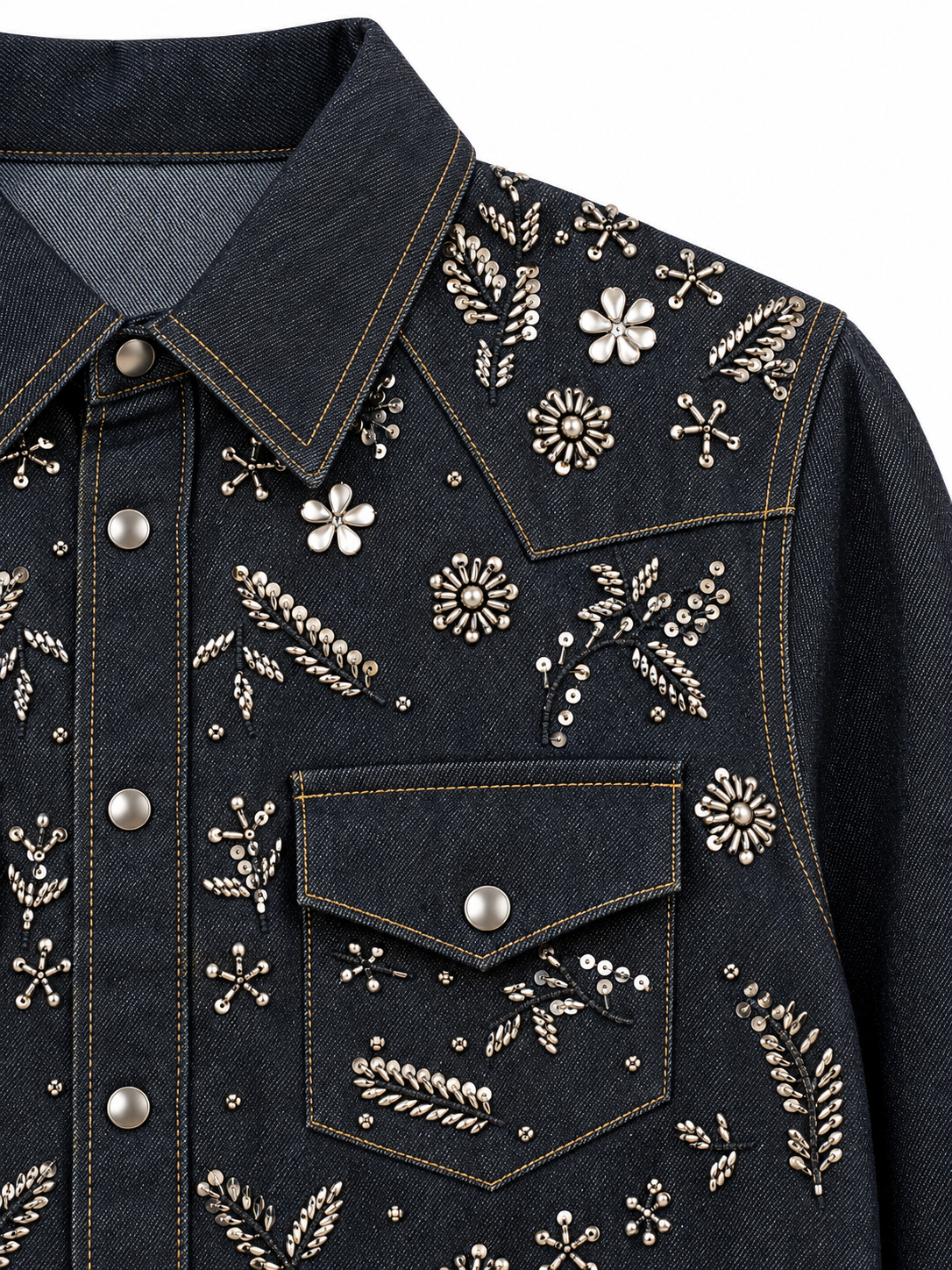 Camicia in denim con applicazioni floreali — tasca