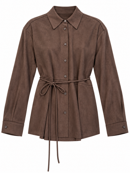 Camicia marrone effetto camoscio con laccetto - fronte
