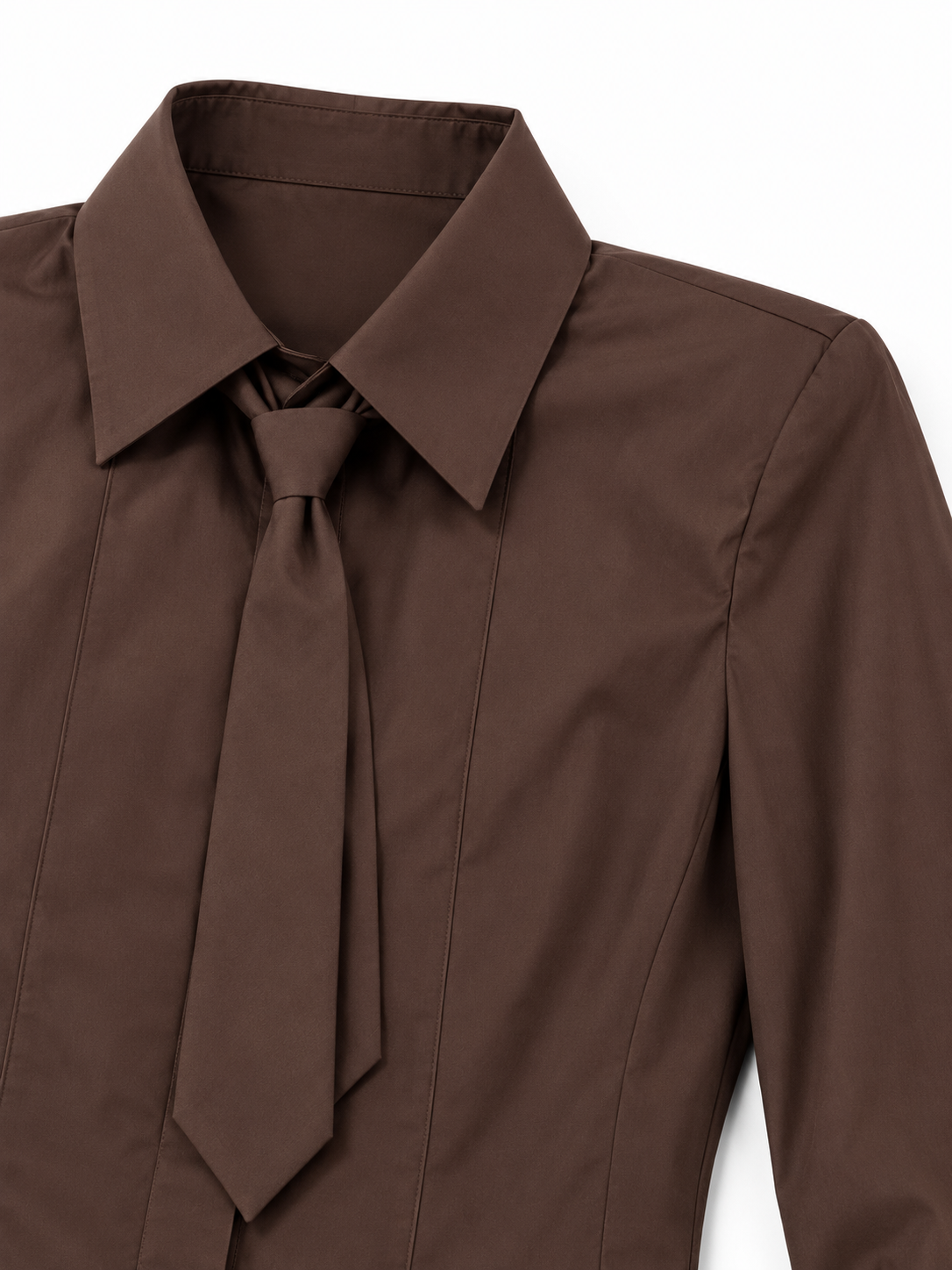 Camicia marrone in cotone con spalline imbottite: dettaglio collo e cravatta