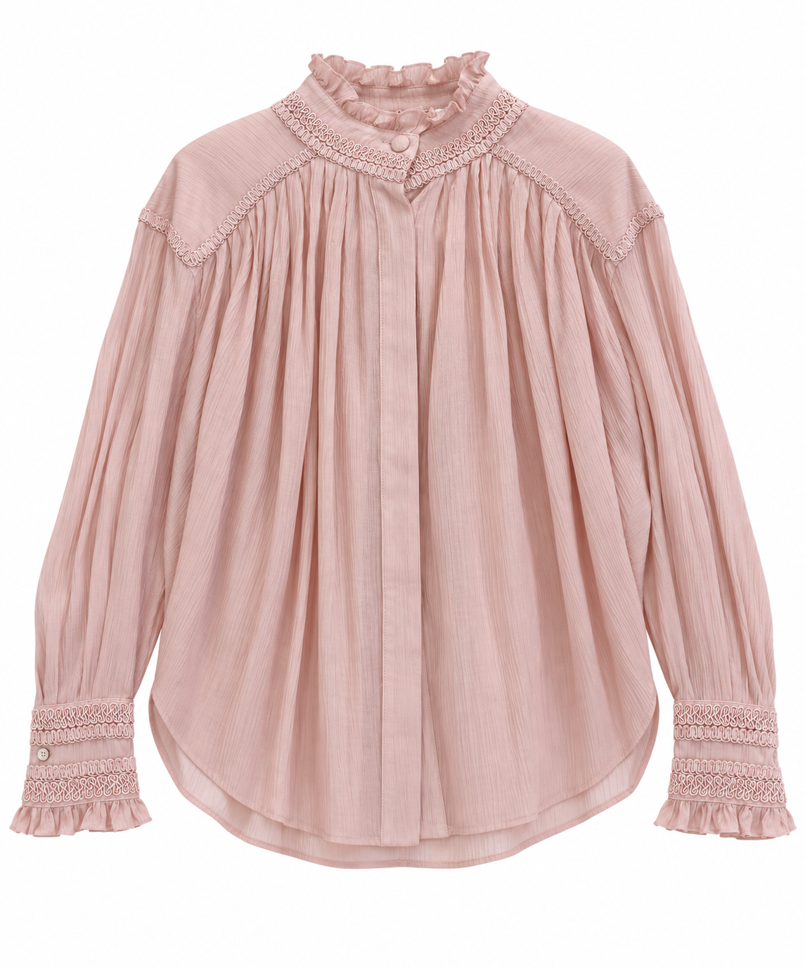 Camicia rosa cipria con passamanerie e ruches – fronte