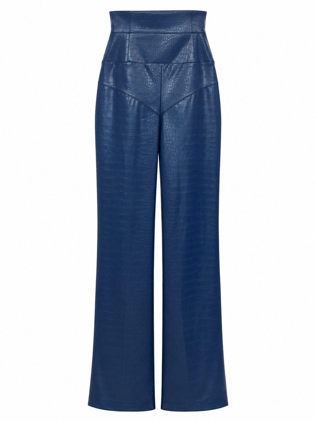 Pantaloni blu effetto coccodrillo a vita alta - fronte