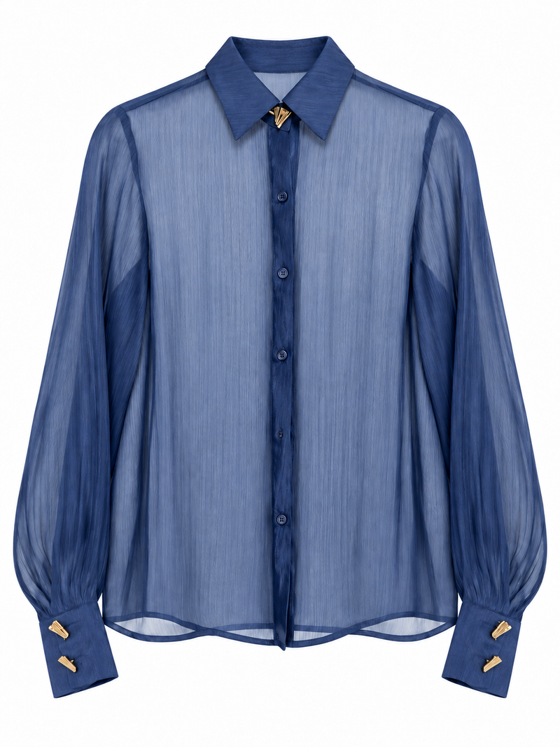 Camicia blu trasparente con bottoni decorativi