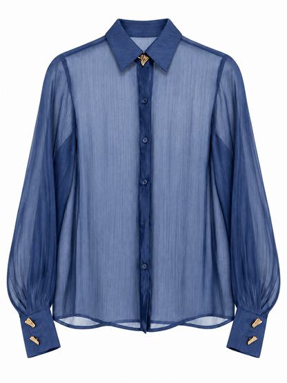 Camicia blu trasparente con bottoni decorativi - fronte
