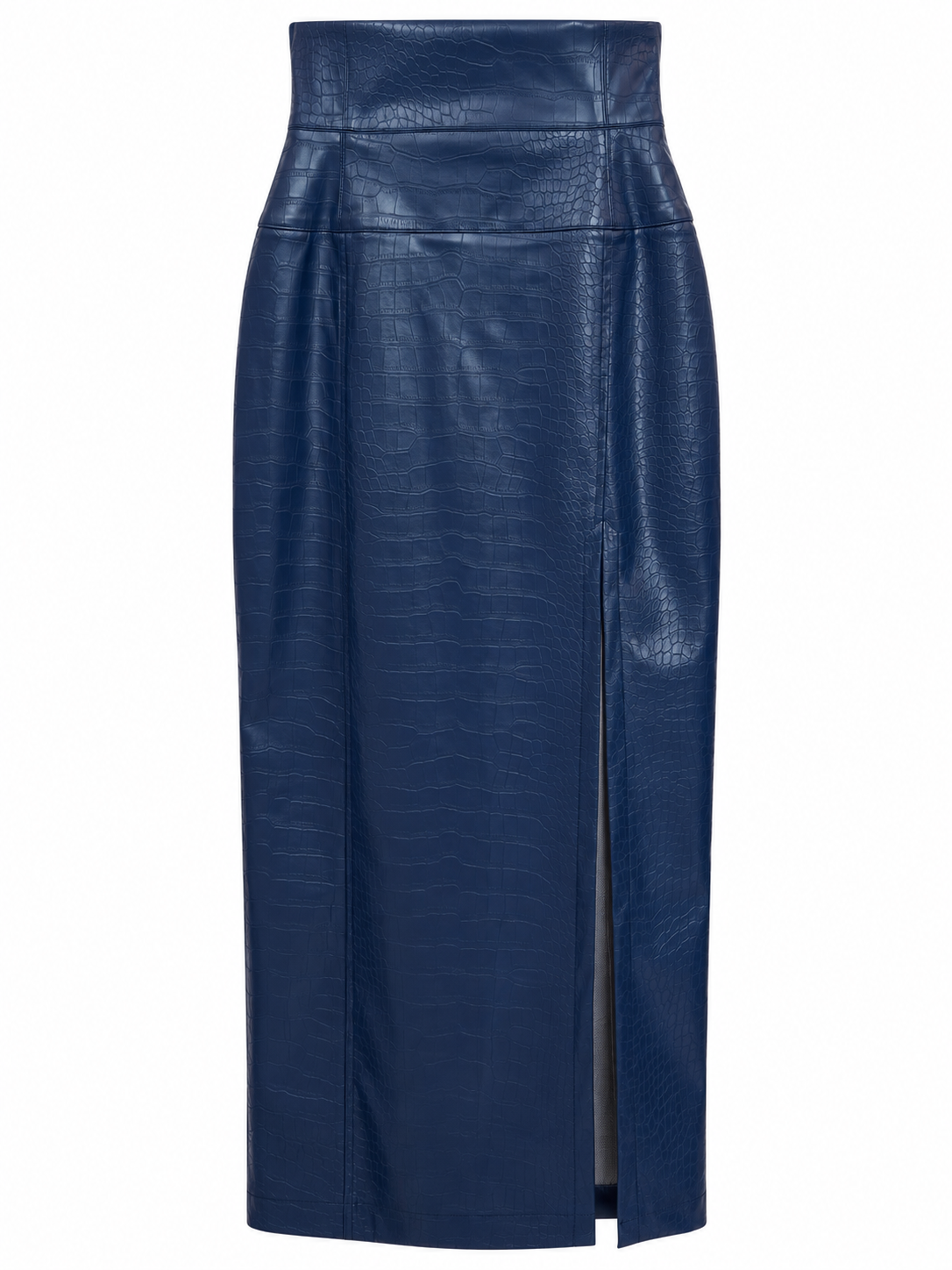 Gonna lunga blu effetto coccodrillo con spacco - fronte