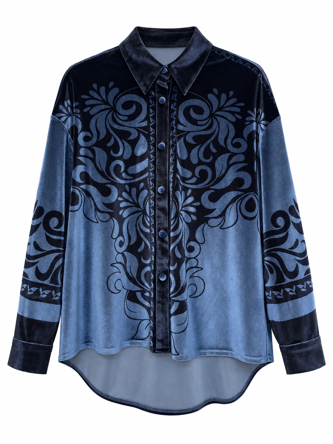 Camicia in velluto blu con fantasia ornamentale - fronte