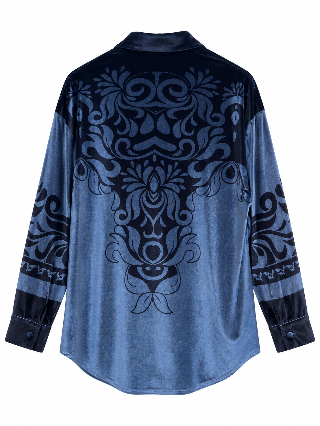Camicia in velluto blu con fantasia ornamentale - retro