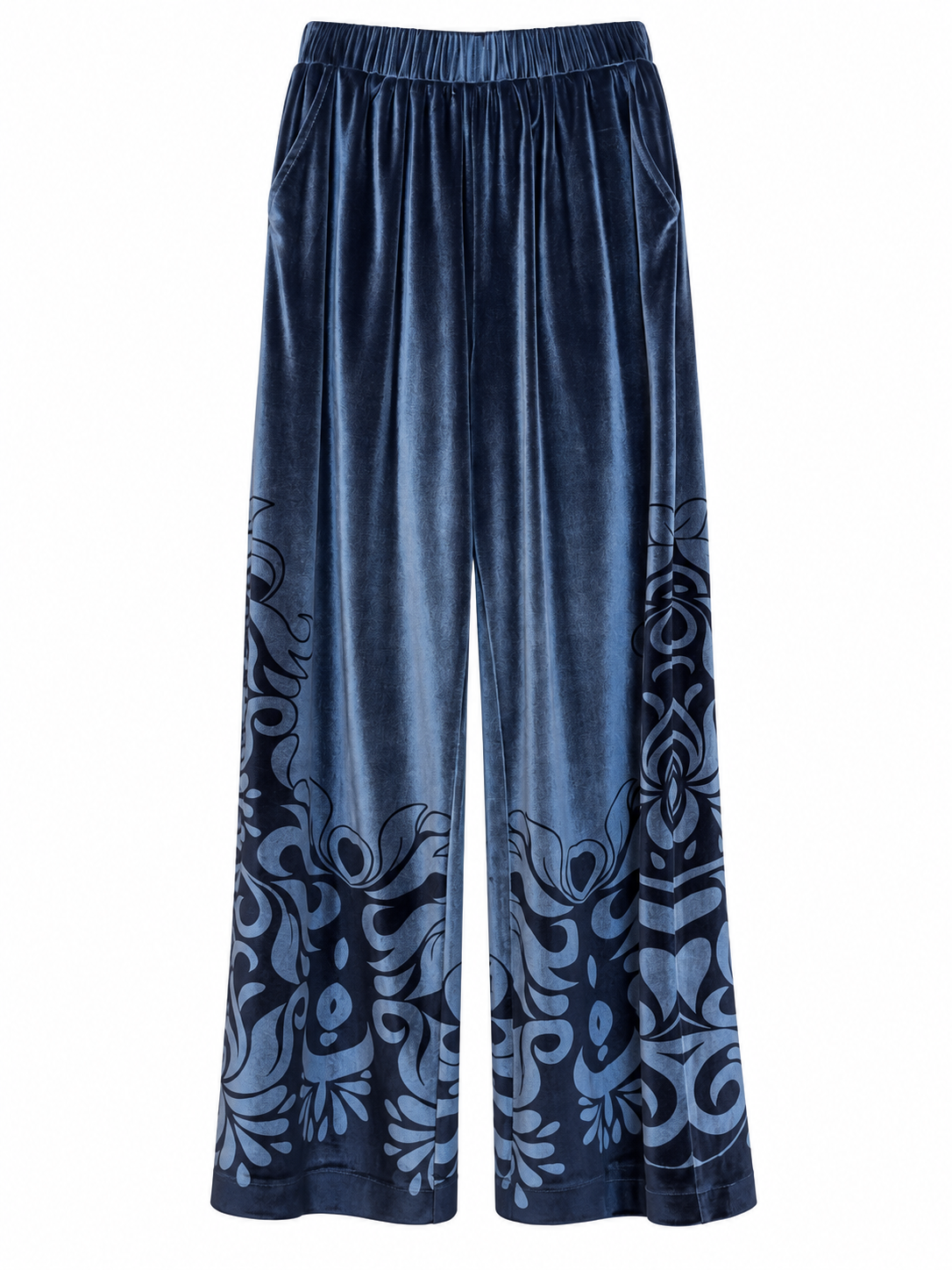 Pantaloni in velluto blu con fantasia ornamentale - fronte