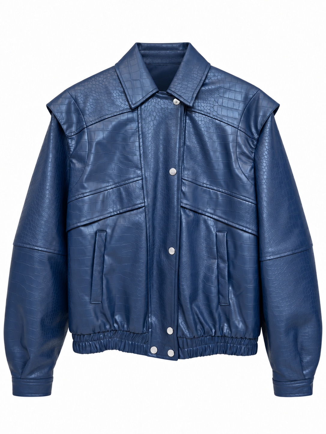 Giacca blu effetto coccodrillo con bottoni argento - fronte