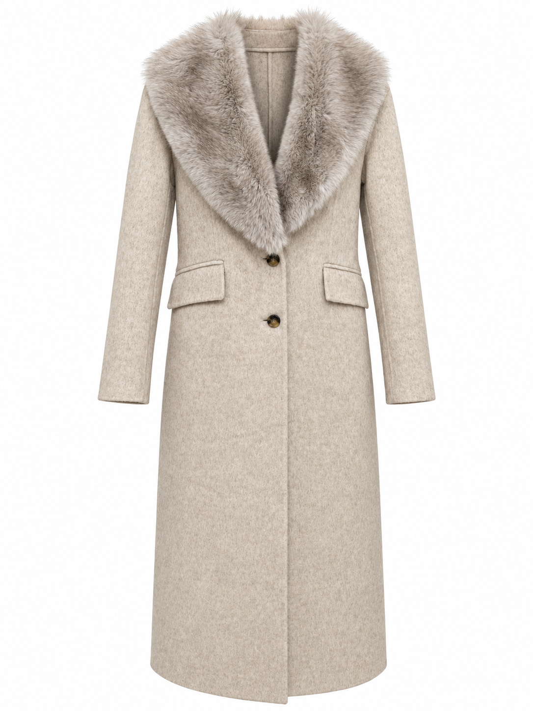 Cappotto beige lungo - Vista frontale con collo rimovibile