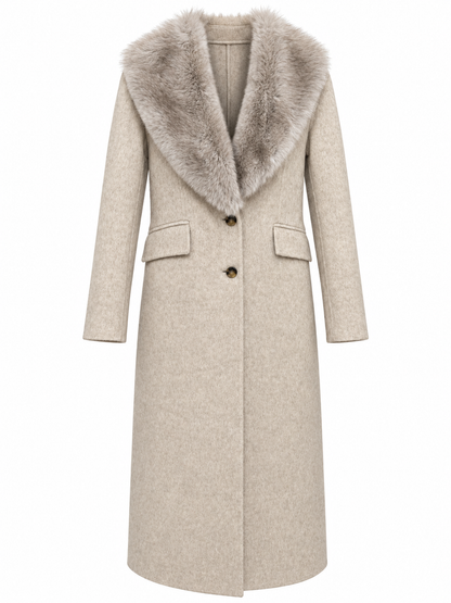 Cappotto beige lungo - Vista frontale con collo rimovibile