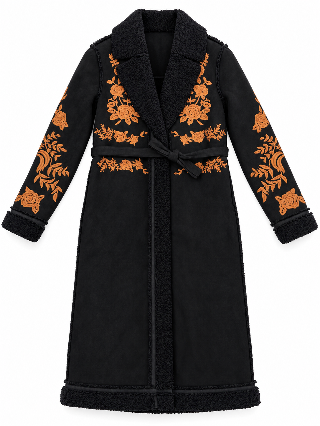 Cappotto nero in camoscio con ricami ocra e cintura: vista frontale