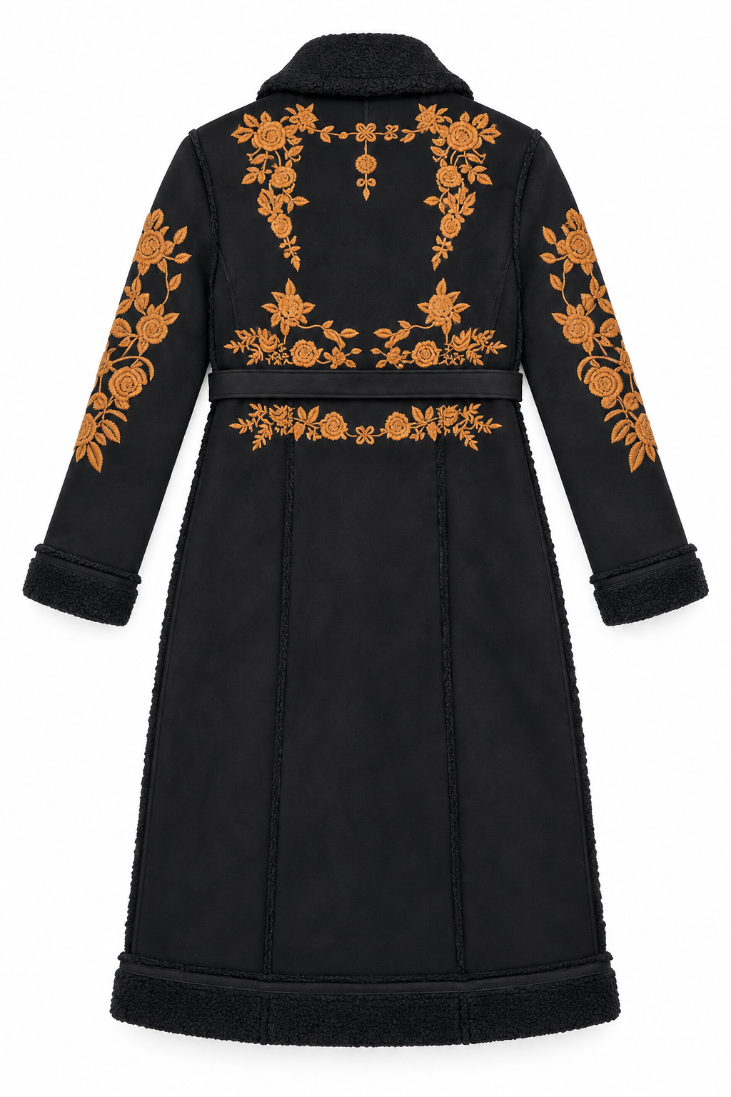 Cappotto nero in camoscio con ricami floreali ocra: vista posteriore