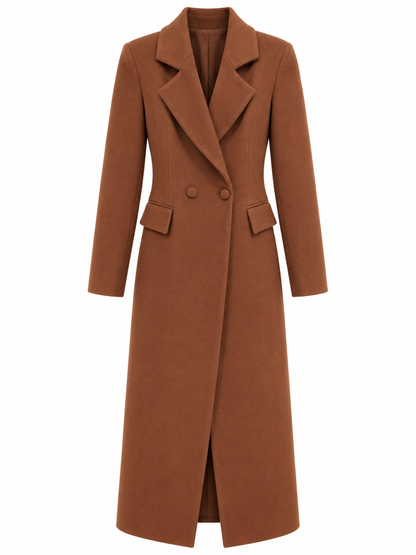 Cappotto lungo doppiopetto color mattone: vista frontale