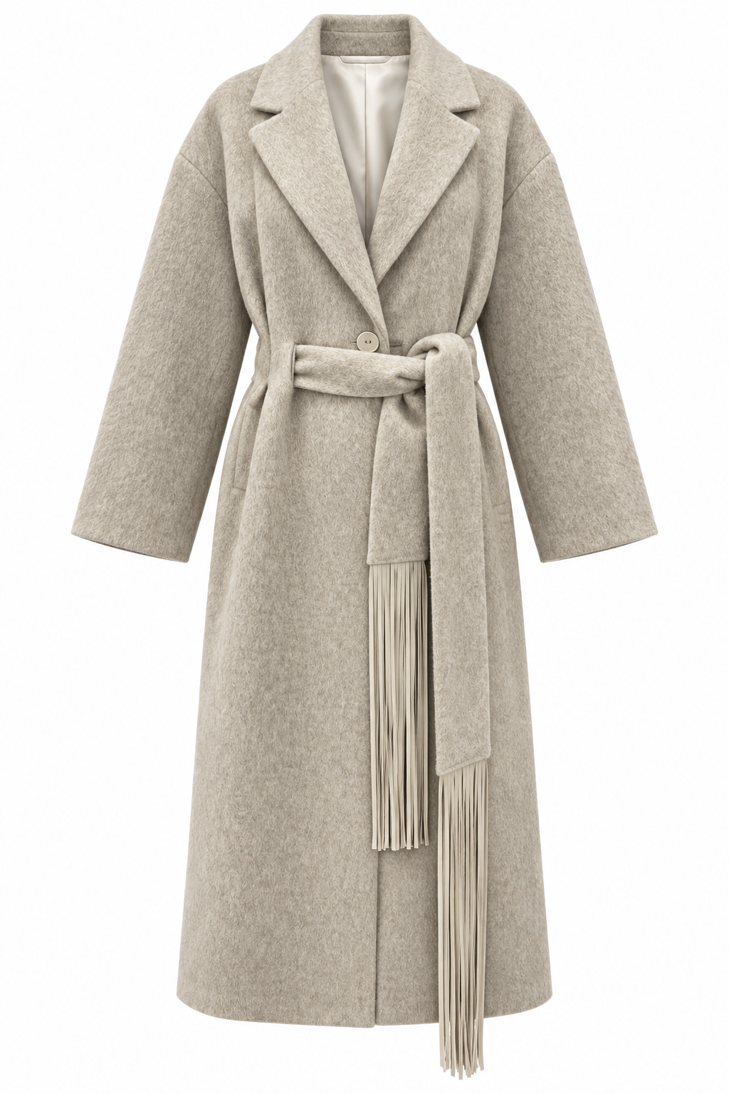 Cappotto greige con cintura a frange – fronte