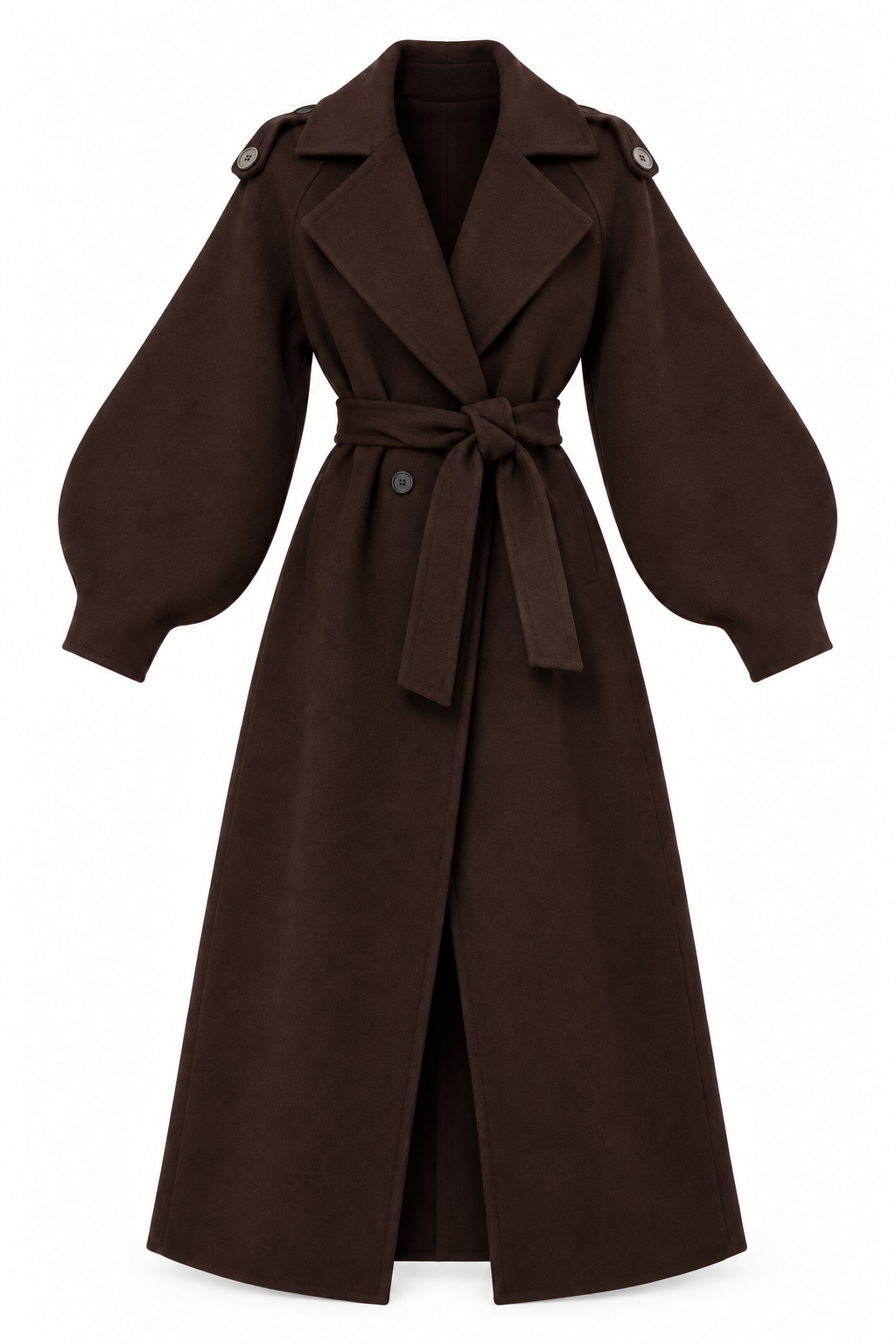 Cappotto in lana marrone cioccolato con cintura e maniche ampie, fronte