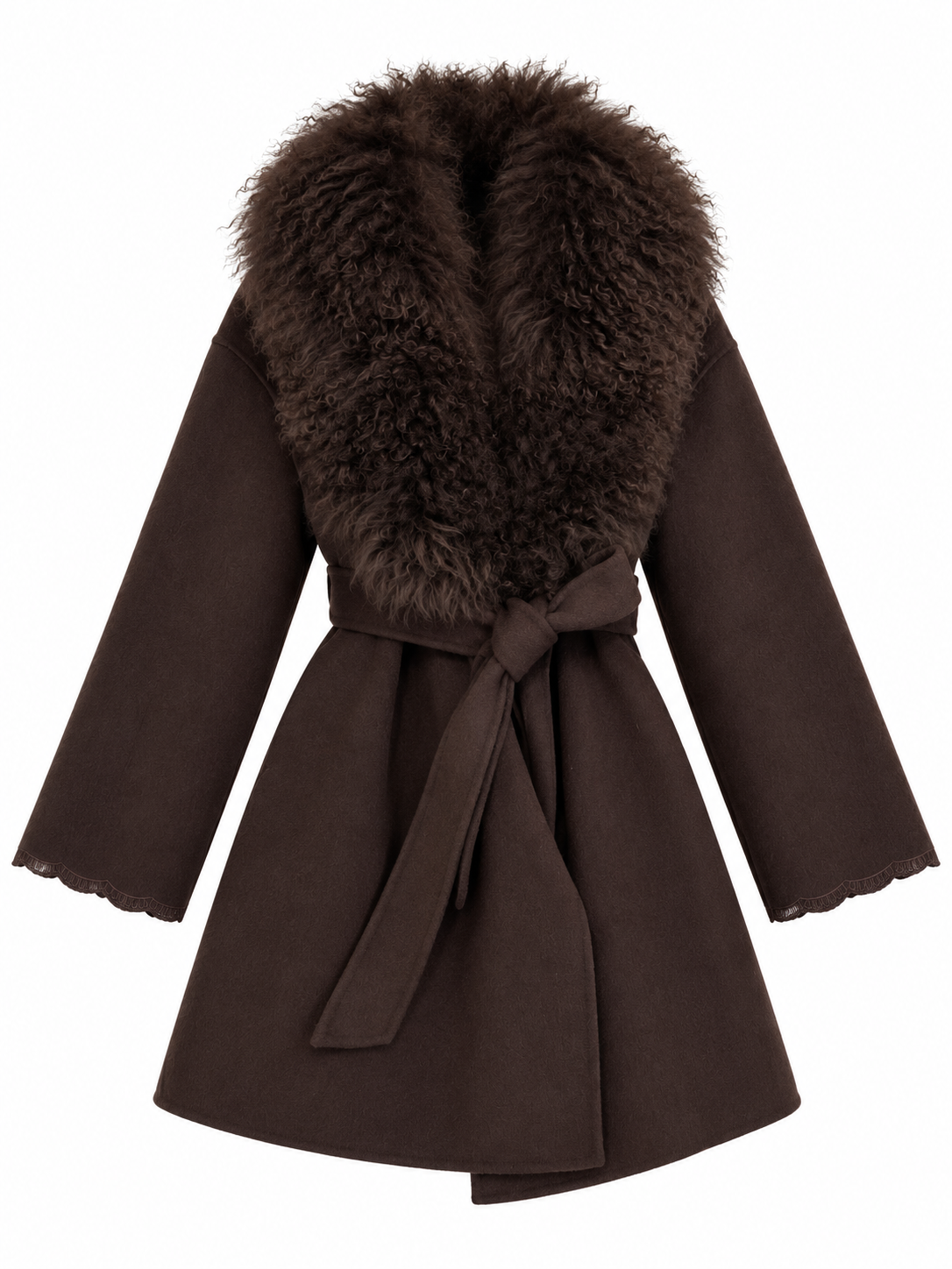 Cappotto marrone con collo in pelliccia rimovibile, fronte
