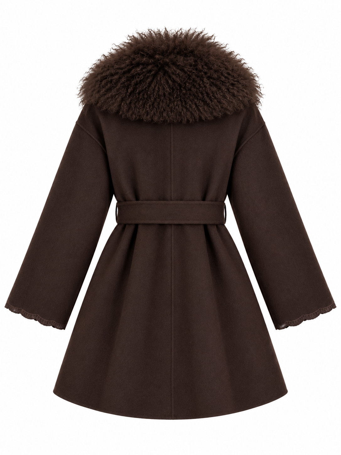 Cappotto marrone con collo in pelliccia, retro