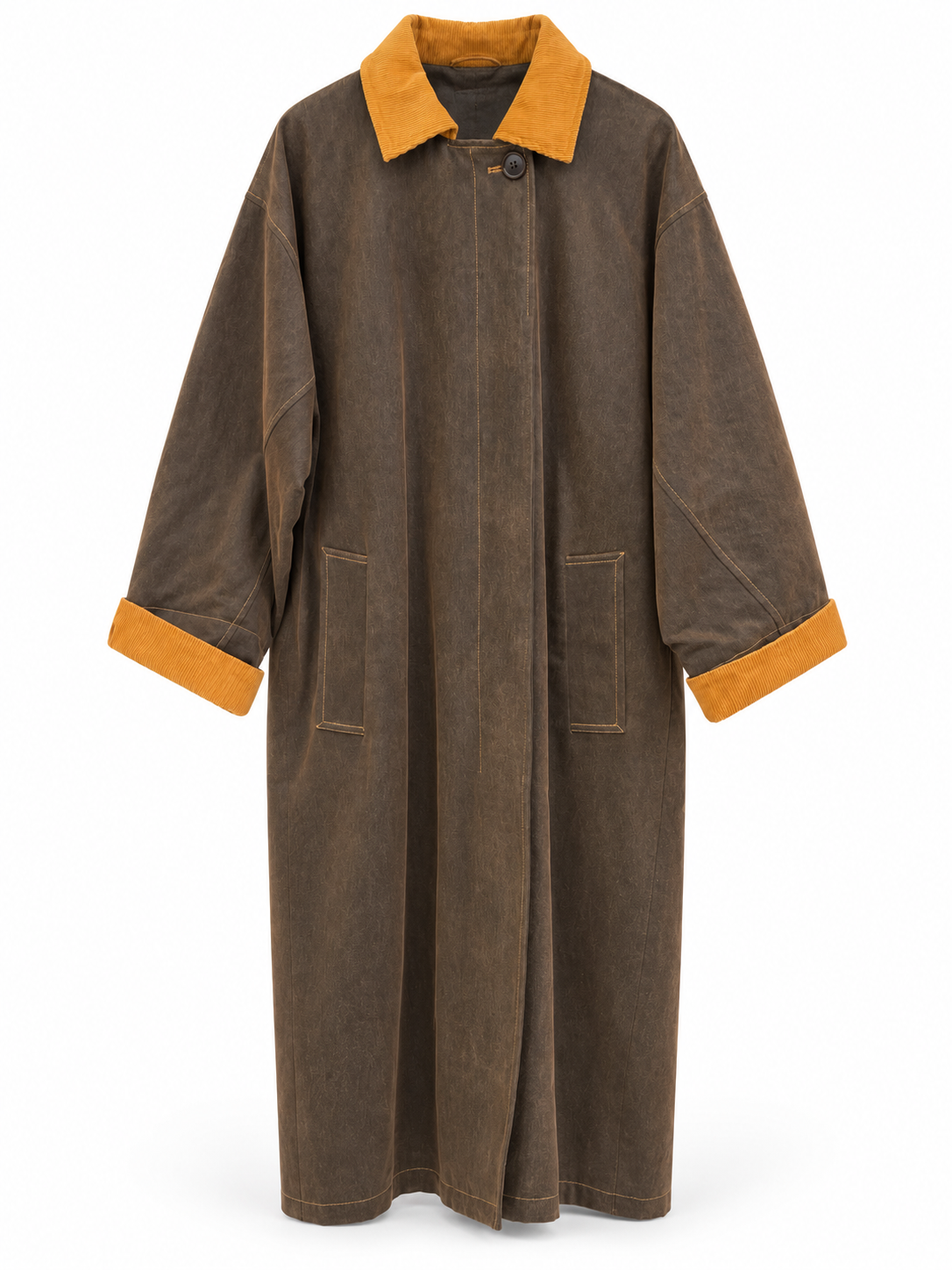 Cappotto lungo marrone con collo e polsini senape: vista frontale