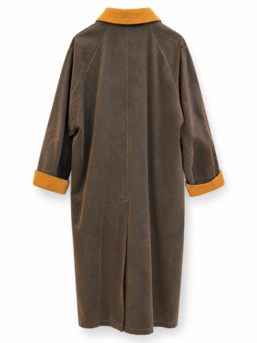 Cappotto lungo marrone con collo e polsini senape: vista posteriore