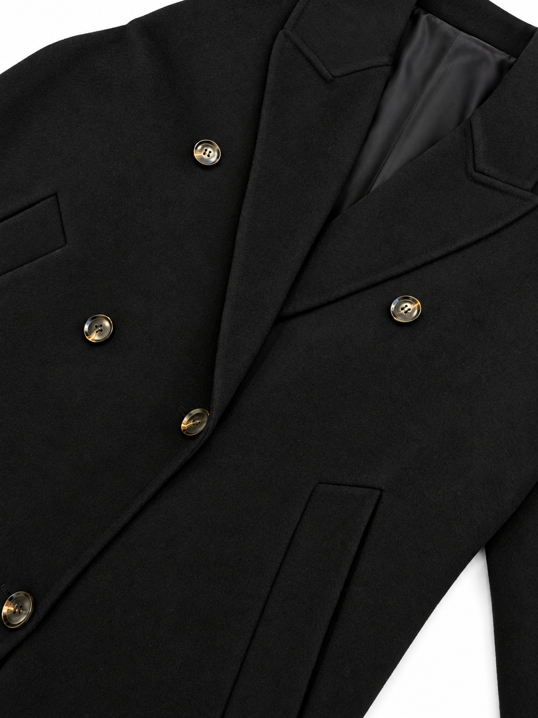 Dettaglio rever e bottoni del cappotto nero in lana