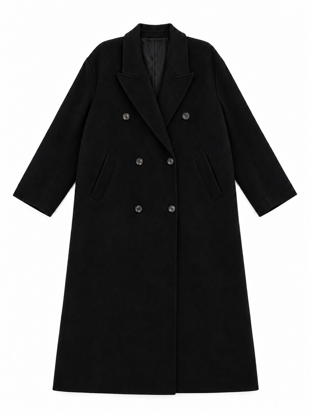 Cappotto nero in lana over, vista frontale su sfondo bianco