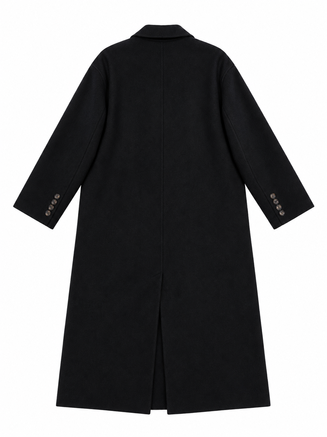 Cappotto nero in lana over, vista posteriore su sfondo bianco