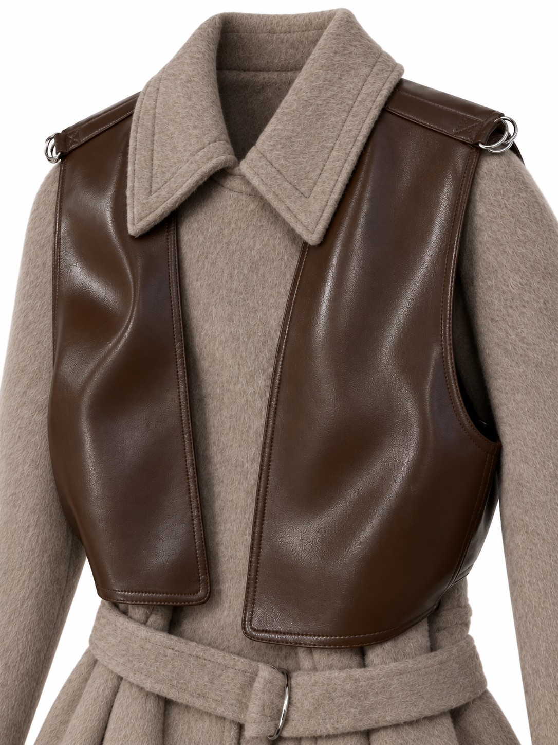 Dettaglio del gilet rimovibile in ecopelle marrone
