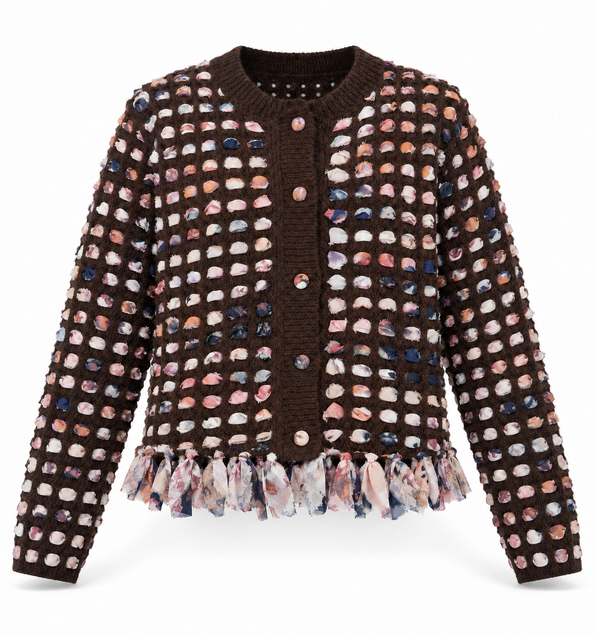 Cardigan marrone con nastri fantasia e frange – fronte