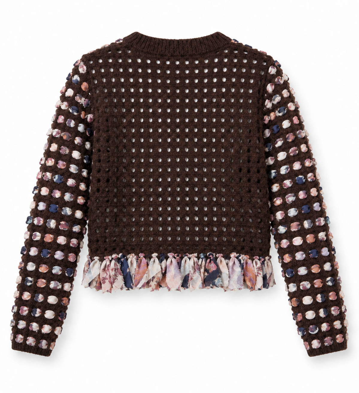 Cardigan marrone con nastri fantasia e frange – retro