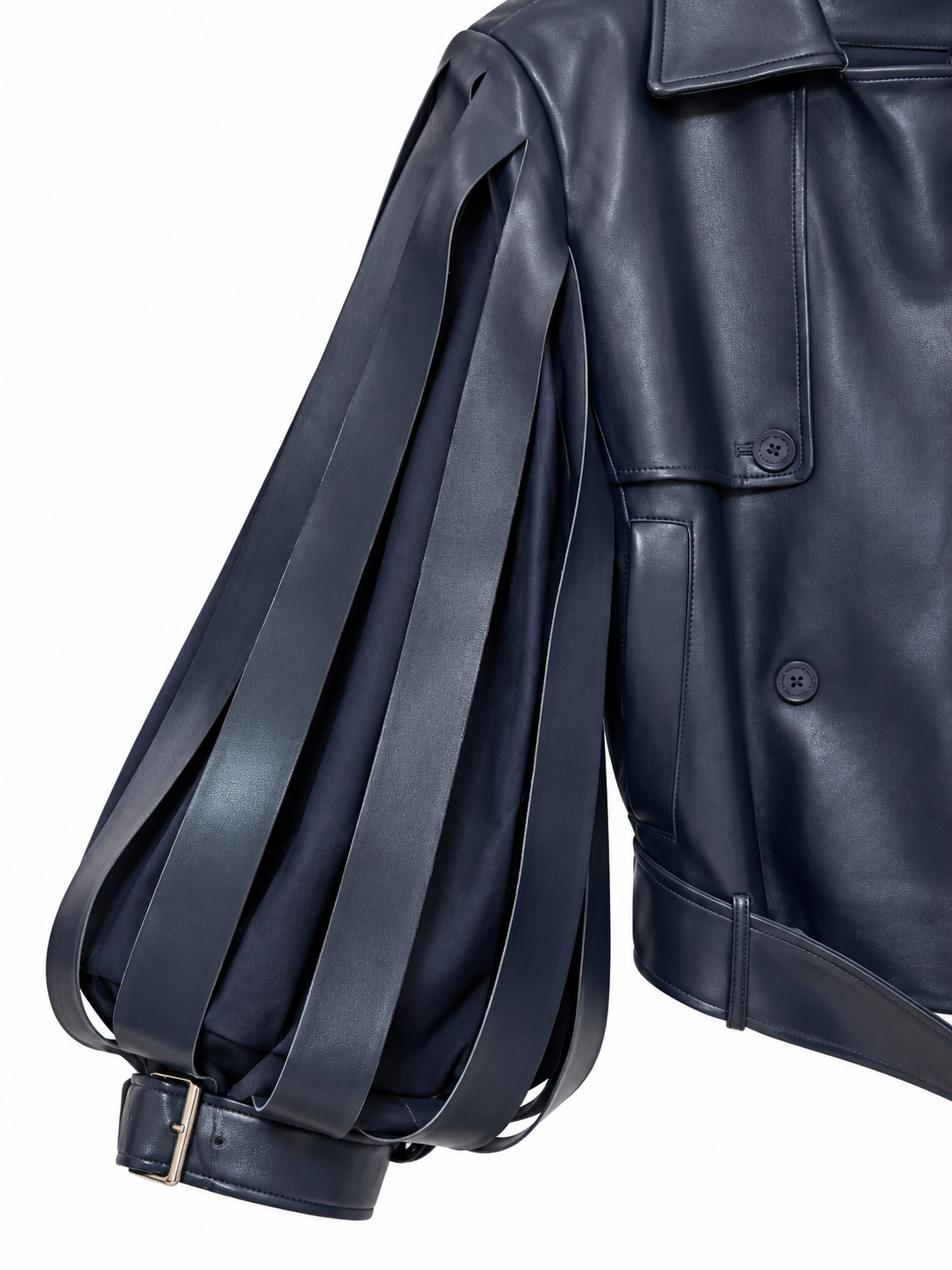 Giacca blu effetto pelle con maniche a frange – dettaglio 2