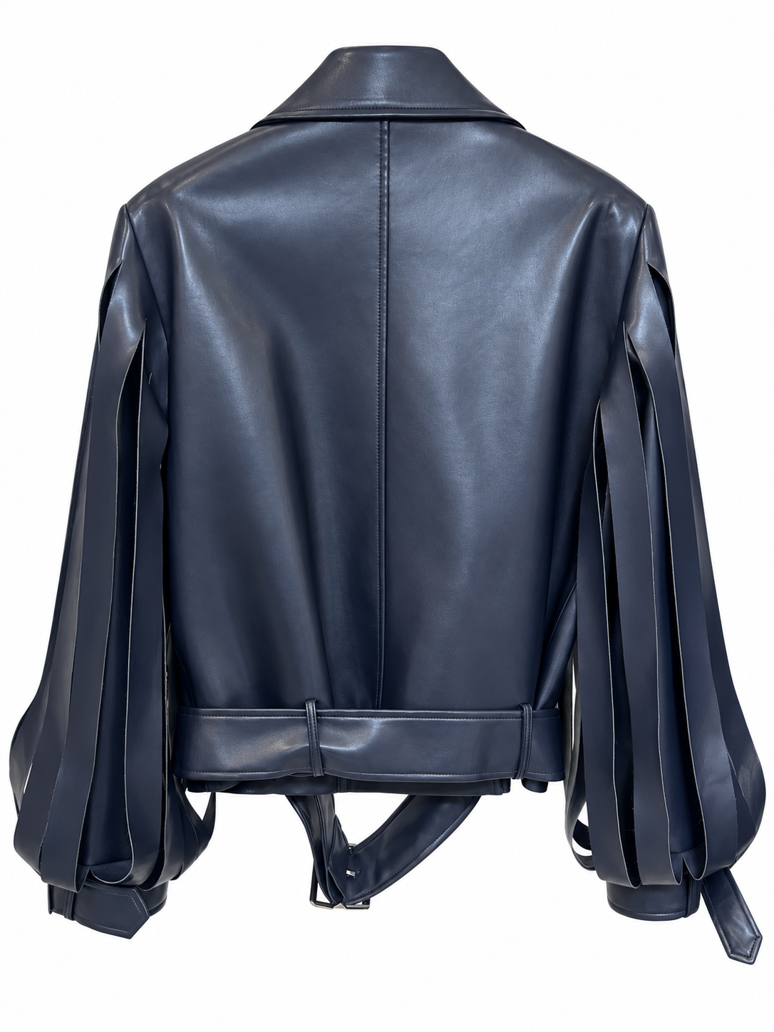 Giacca blu effetto pelle con maniche a frange – retro