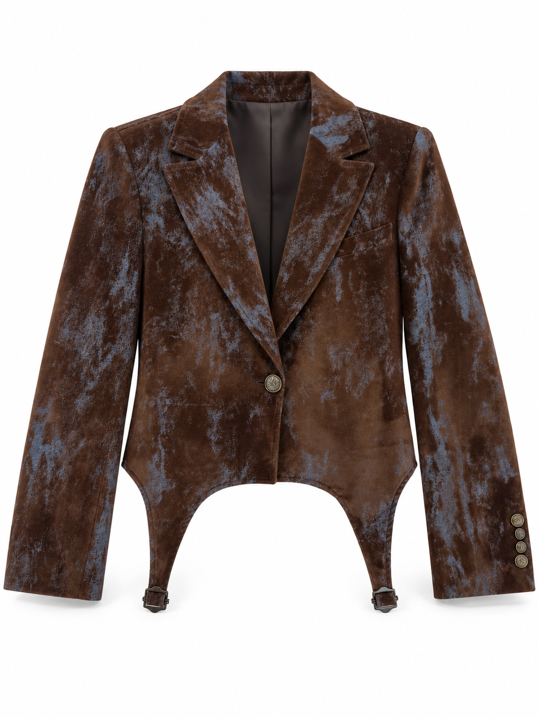 Giacca corta marrone con effetto velluto spalmato su base denim: vista frontale
