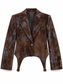Giacca corta marrone con effetto velluto spalmato su base denim: vista frontale