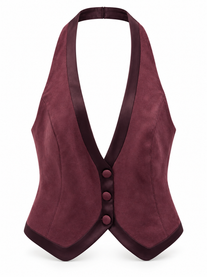 Gilet bordeaux effetto camoscio e raso - Fronte